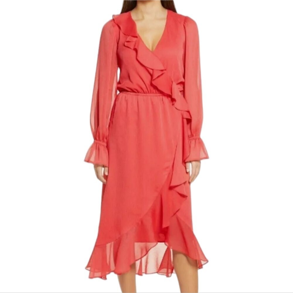 NWOT Chelsea28 Long Sleeve Ruffle Chiffon Wrap Dress in Melon Red Sz XS